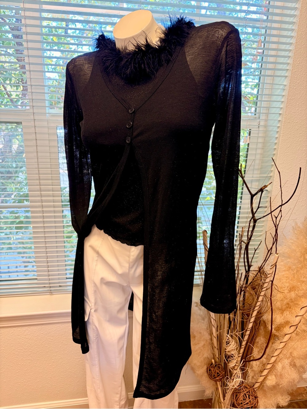 2 Piece set Black Feather-Trim Sheer Long Cardigan With Sleeveless Top